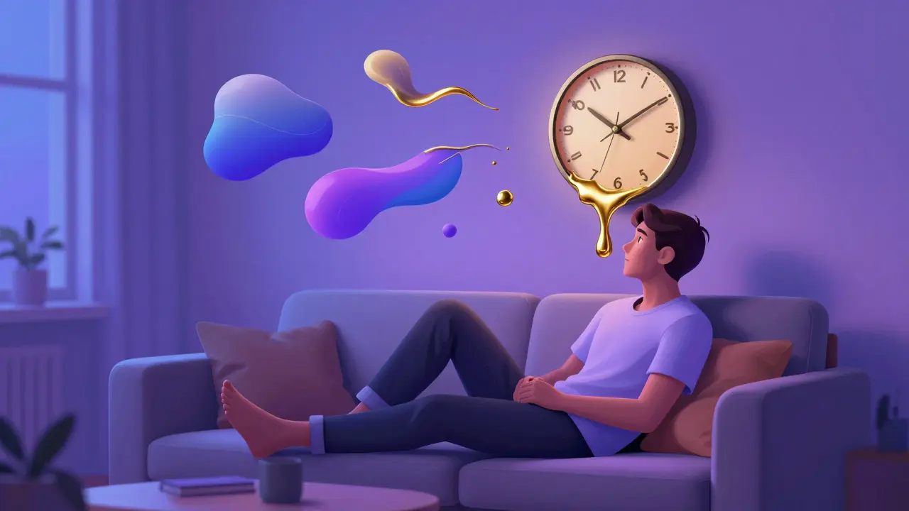 Surrealistická ilustrace zkreslení vnímání času na gauči