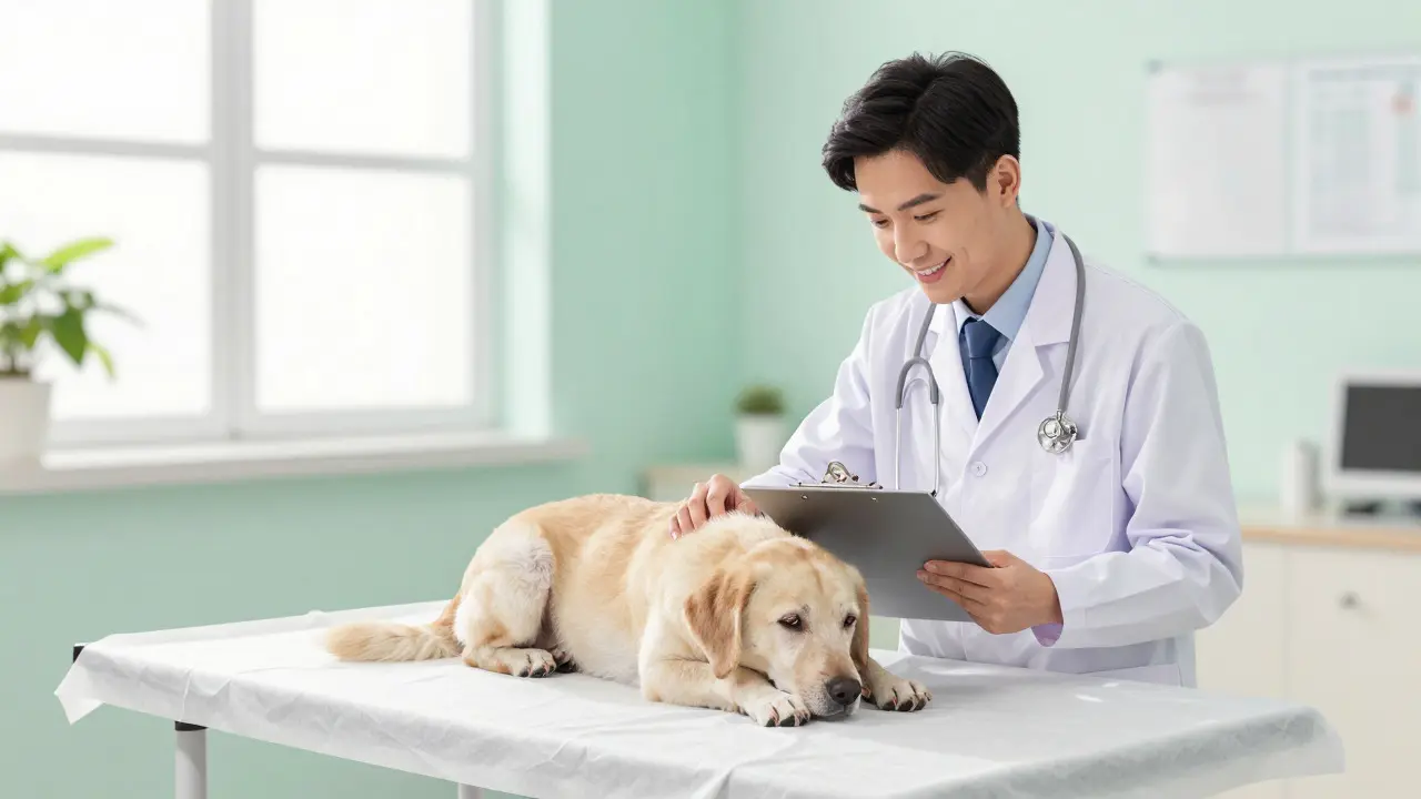 Veterinář vyšetřuje uvolněného staršího psa v ordinaci