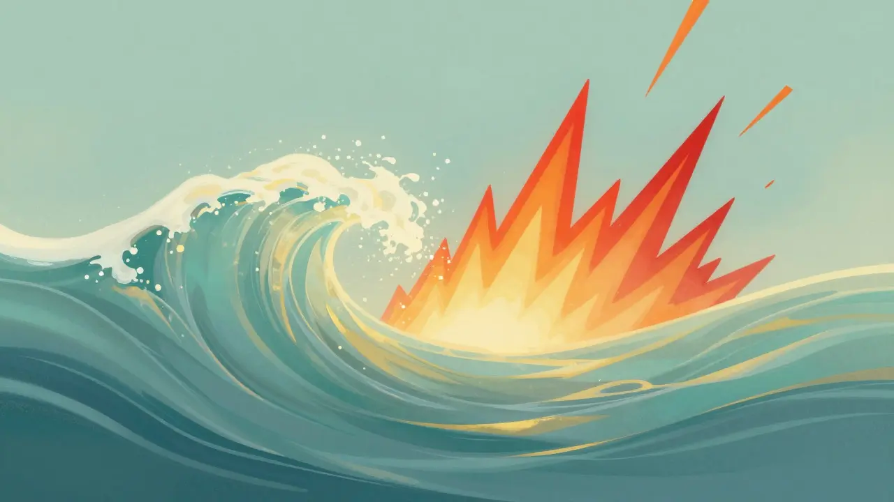 Abstraktní ilustrace hladkého toku energie v kontrastu s ostrým špičkovým vzestupem