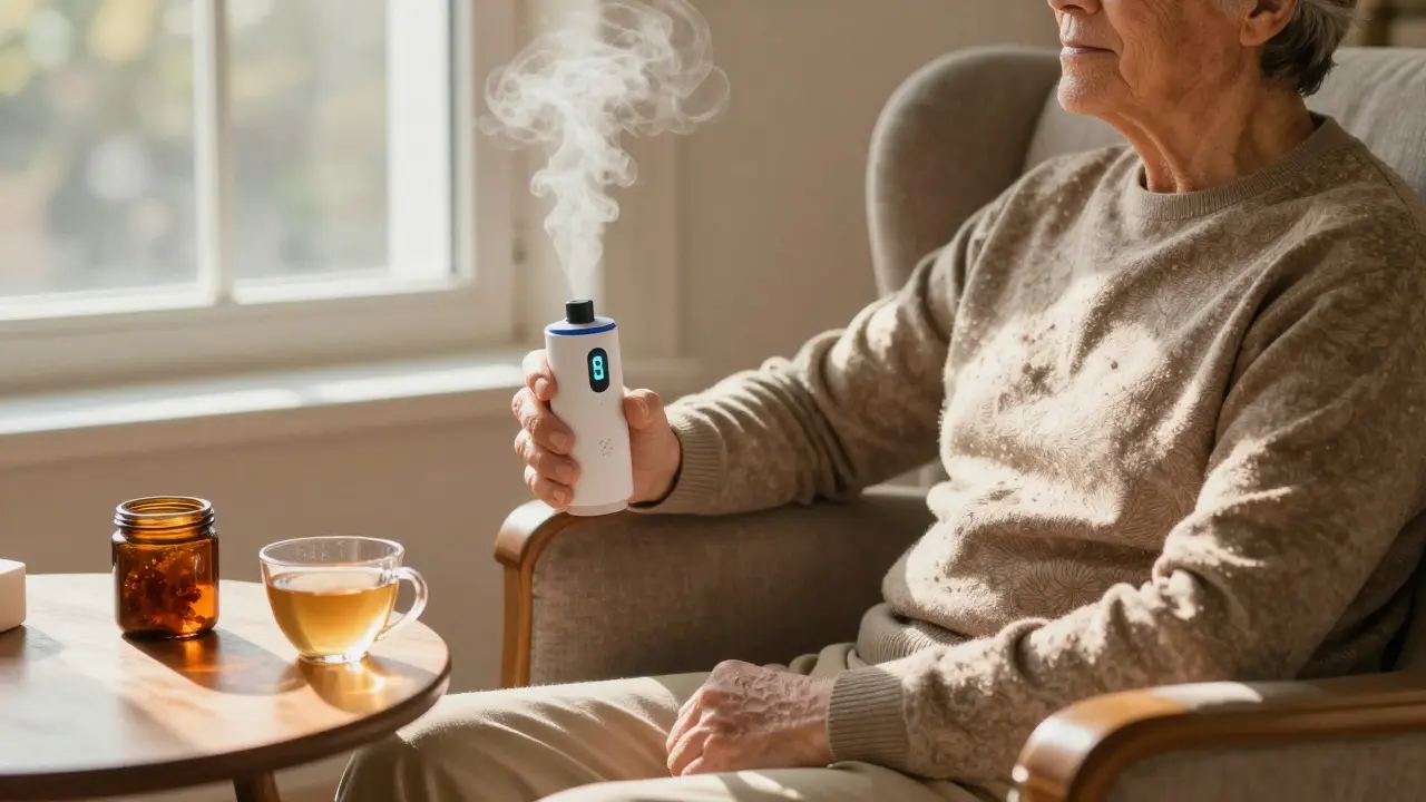 Člověk odpočívající v křesle s vaporizérem, symbolizující úlevu od bolesti