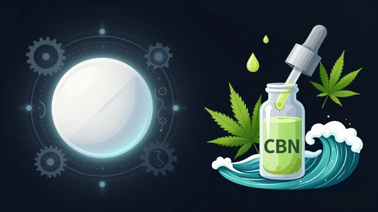 Ilustrace porovnávající melatonin a CBN jako doplňky na spaní