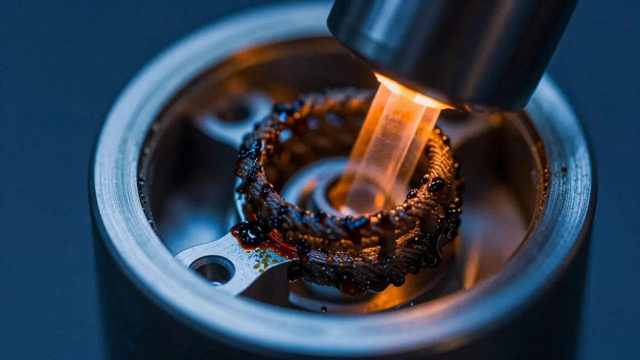 Makro záběr na ucpaný atomizér vape zařízení s tmavým reziduem