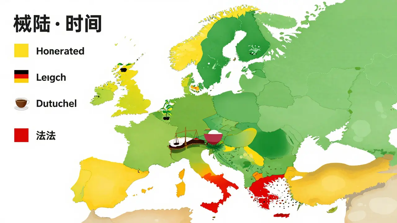 Mapa Evropy zobrazující různé zákony o konopí v zemích