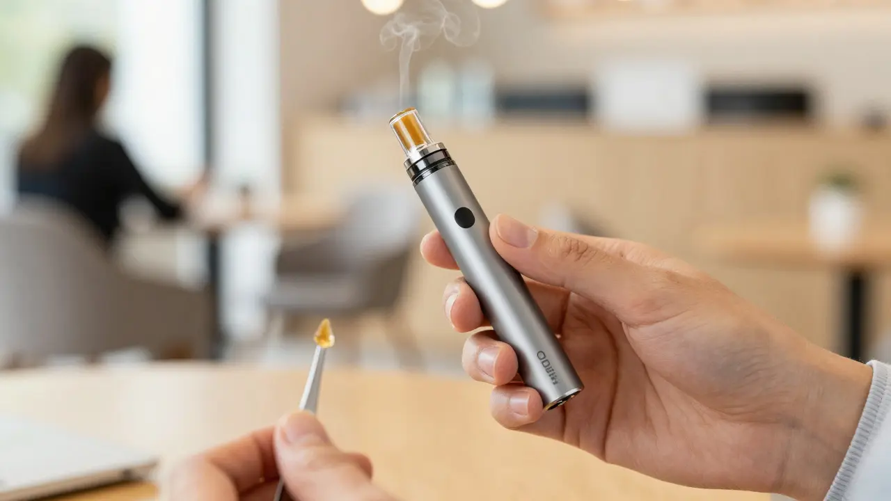 Ruka drží přenosný vaporizér pro diskrétní užívání CBD shatteru