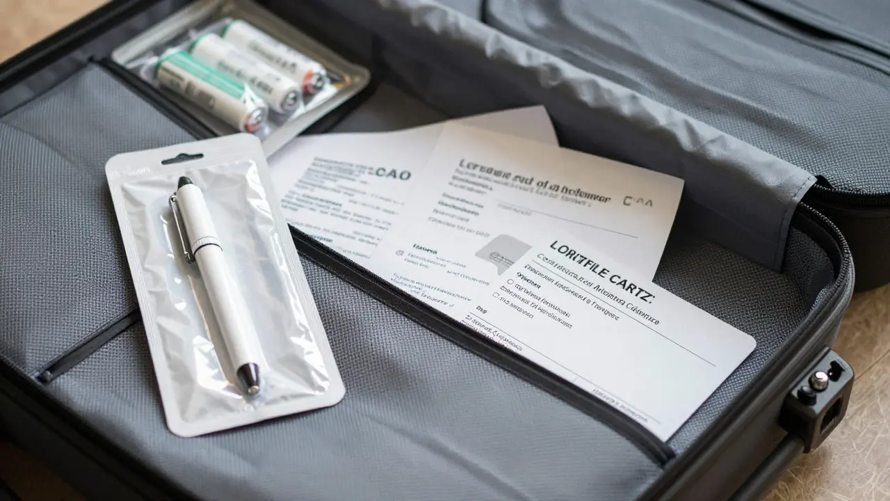 Správně balený dab pen s dokumenty v ručním zavazadle