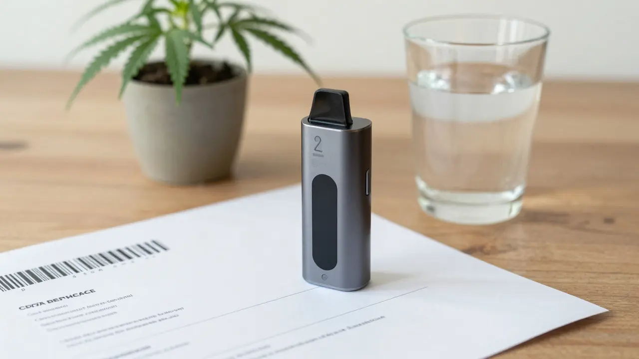 Vape přístroj vedle vody a certifikátu analýzy pro bezpečné užívání