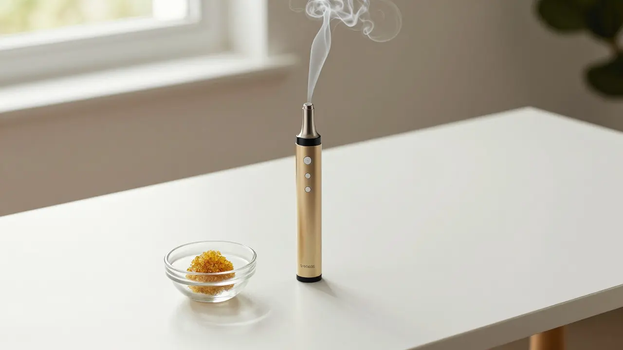 Wax pen a malá miska s crumblem na čistém stole při měkkém světle