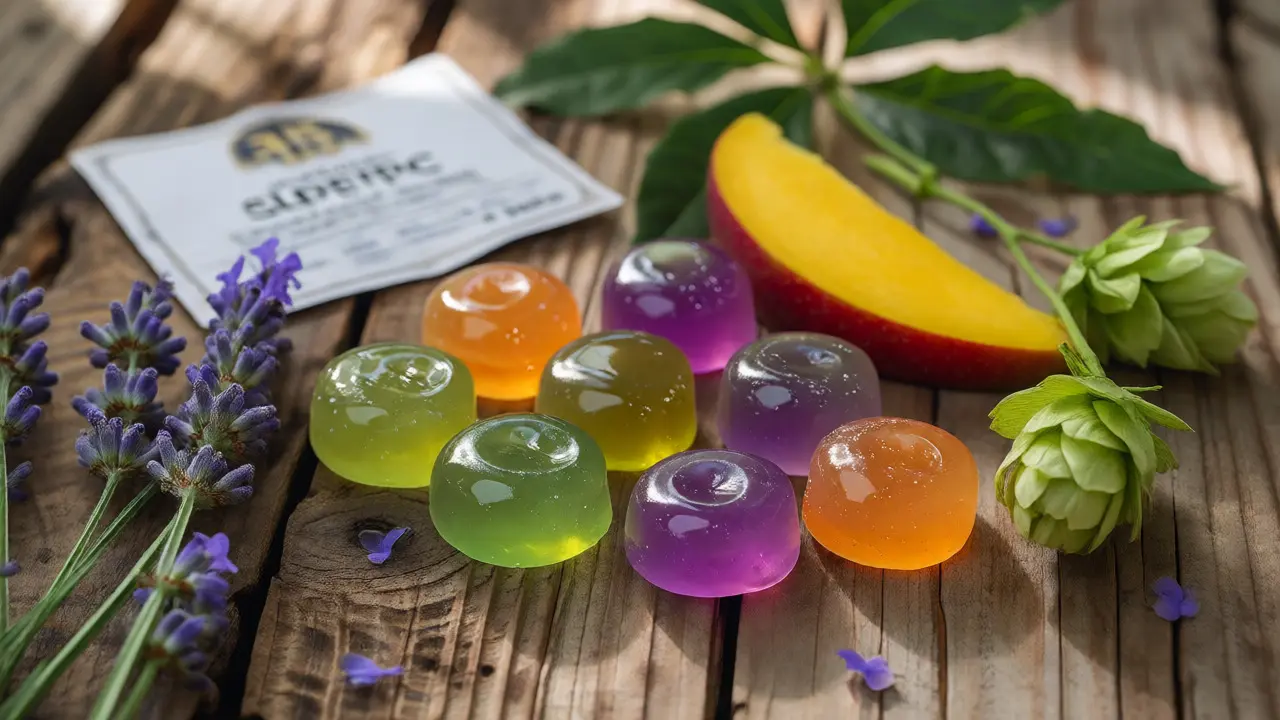 Barevné CBD gummy s levandulí a chmelem na dřevěném povrchu