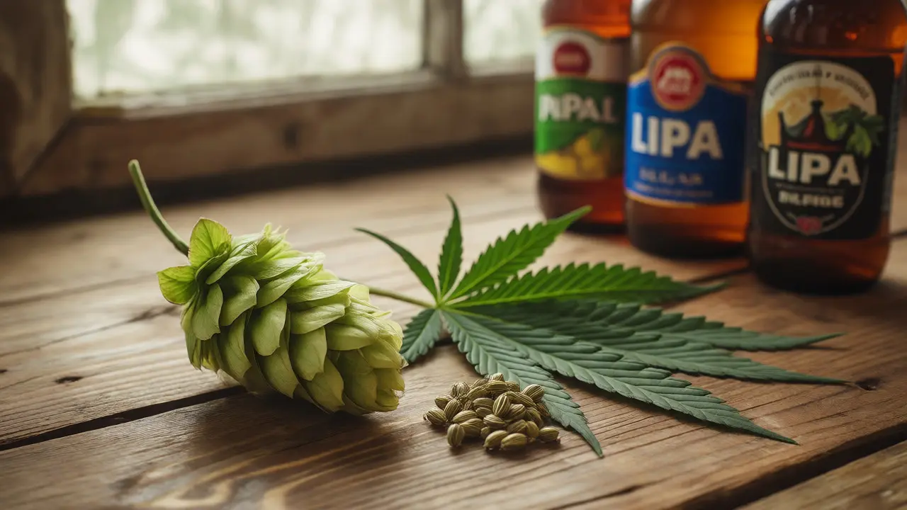 Botanické srovnání chmelu a konopí na dřevěném stole