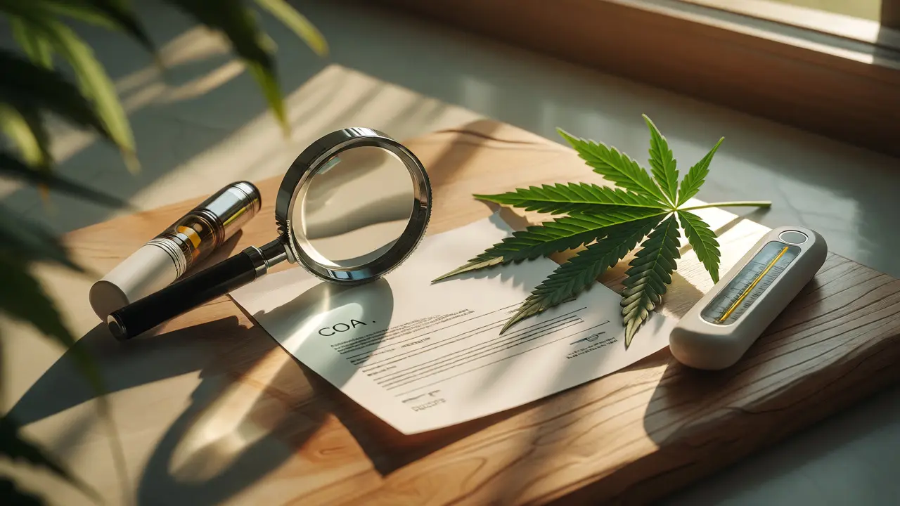 CBD karta s lupou nad certifikátem kvality a konopným listem