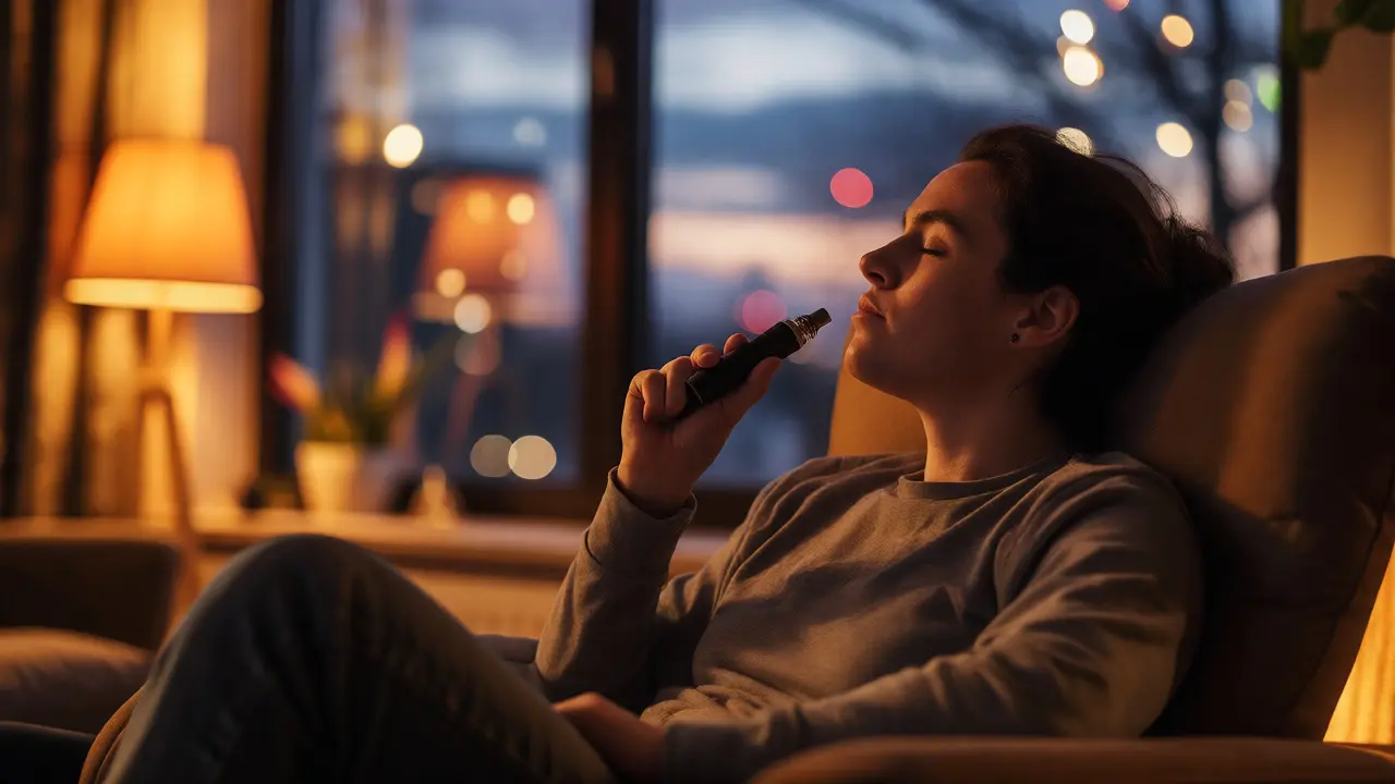Člověk relaxující večer s vaporizérem na CBD hash ve comfortable křesle