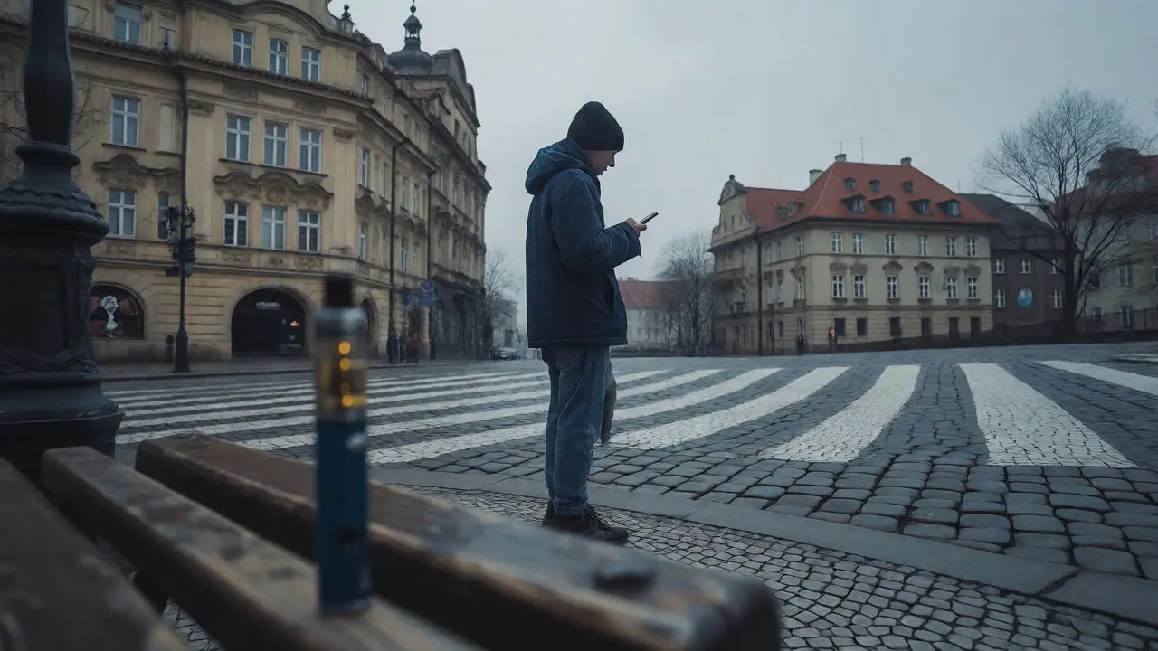 Člověk stojící na přechodu v Praze s nejistým výrazem