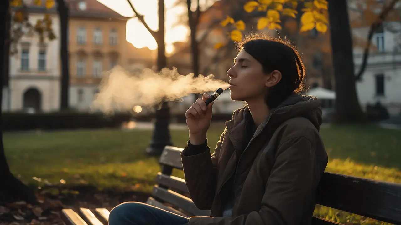 Klidná osoba užívá CBD vape v parku za západu slunce