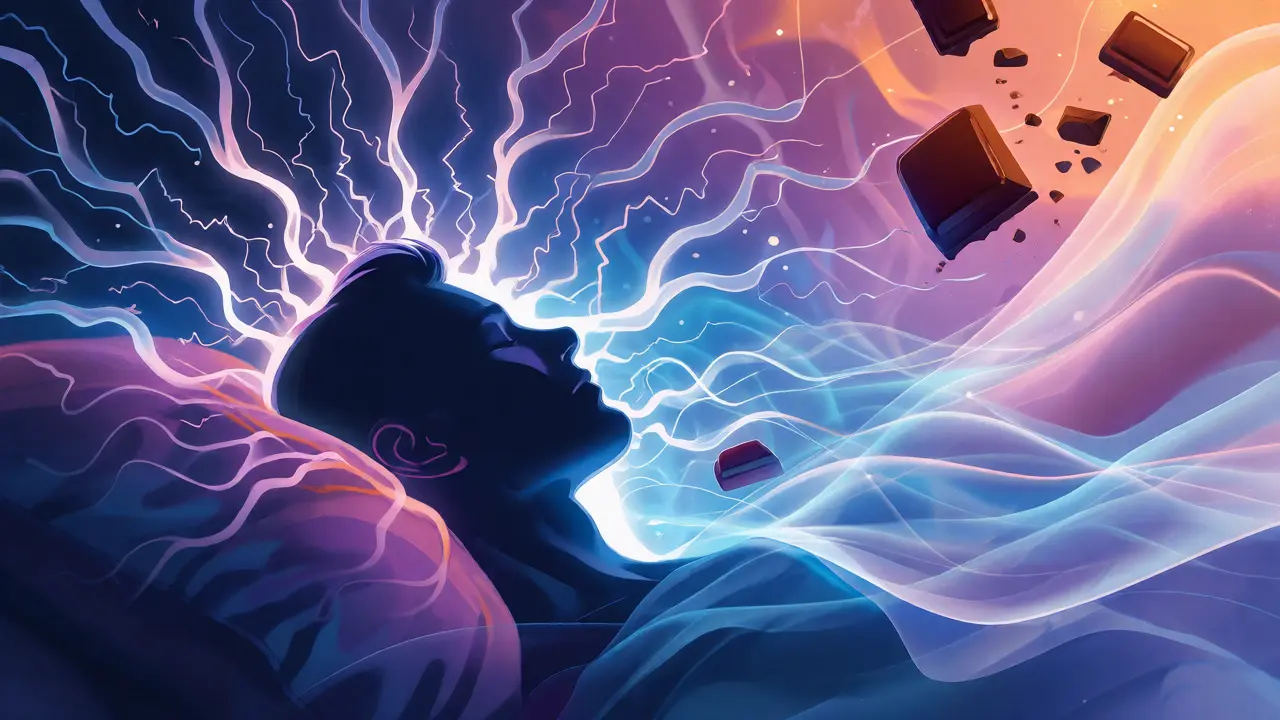 Konceptuální ilustrace klidného spánku ovlivněného CBD
