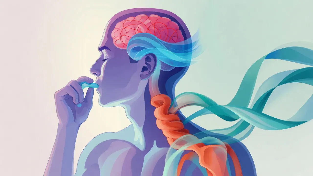 Konceptuální ilustrace uvolňování napětí v hlavě a zádech při žvýkání