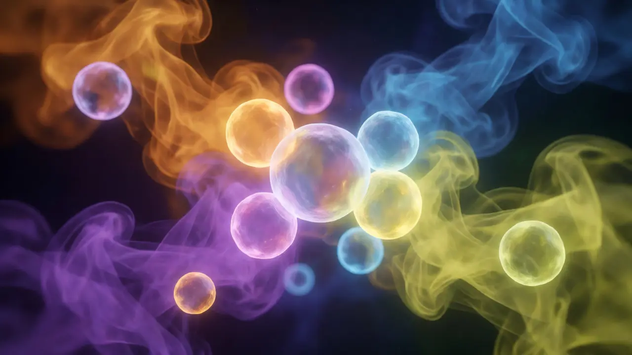 Konceptuální makro snímek interakce molekul kanabinoidů a terpenů