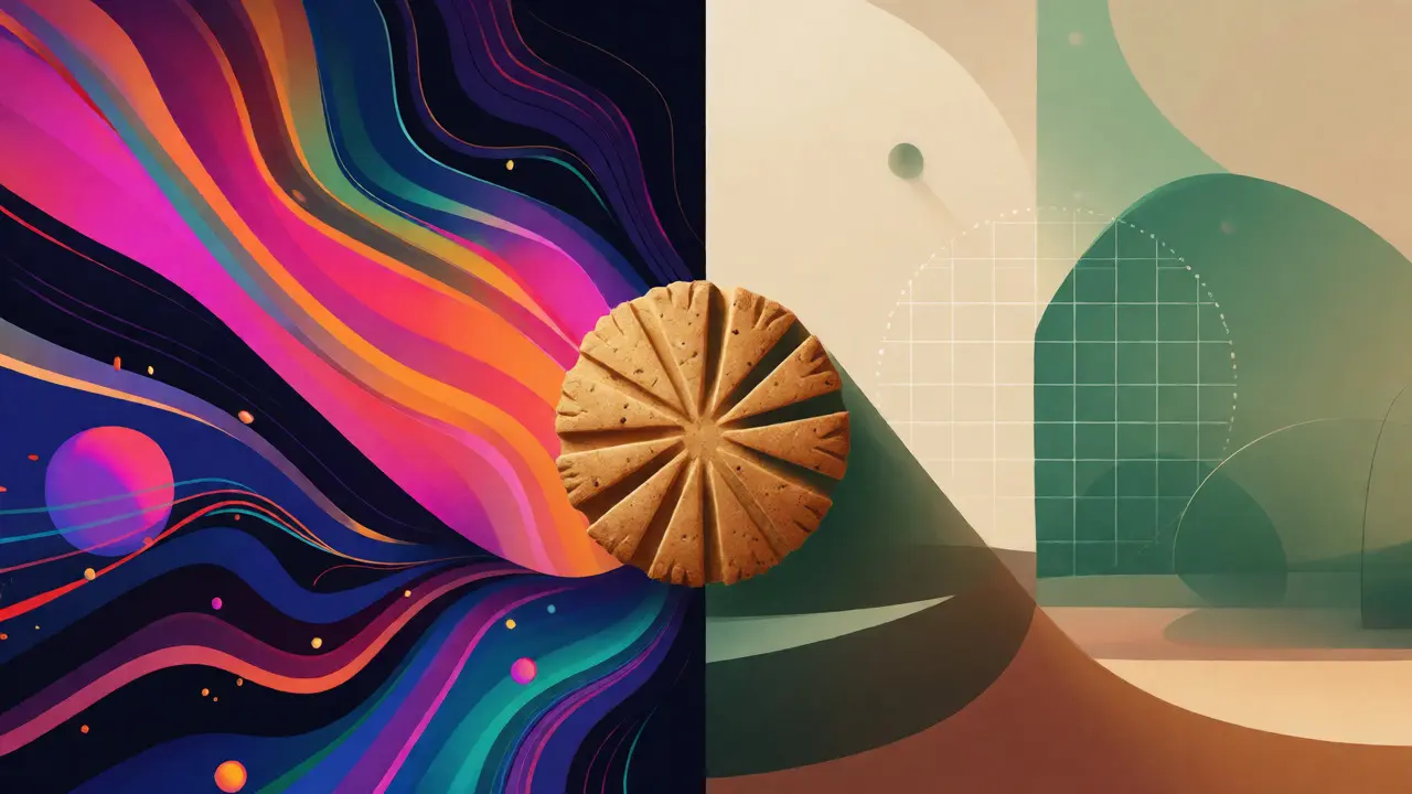 Konceptuální porovnání psychedelického efektu THC a klidného vlivu CBD.