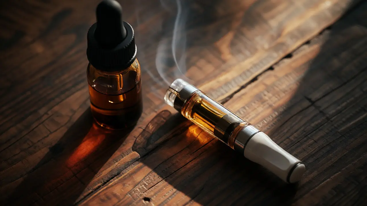 Makro snímek použité CBD patrony s tmavším olejem na dřevěném stole