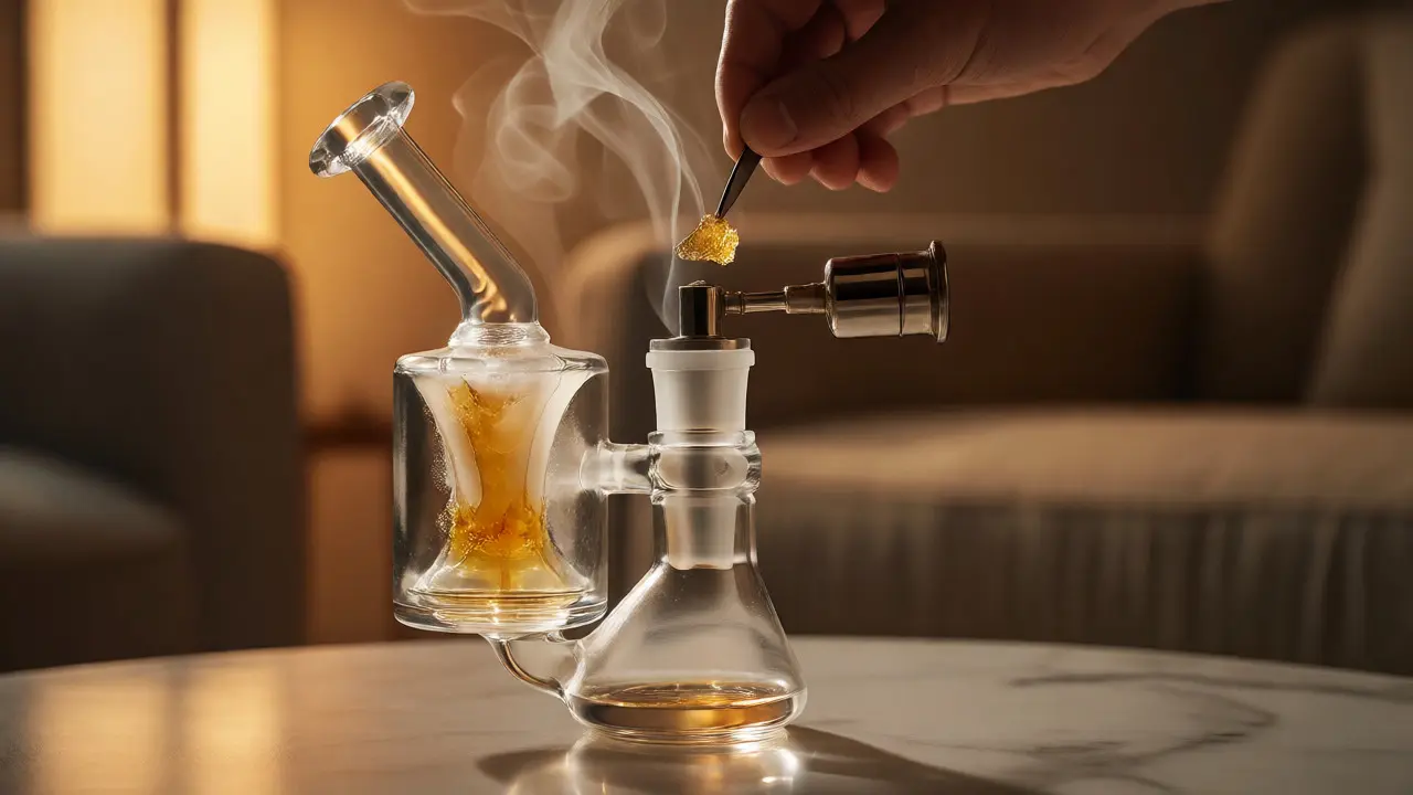 Moderní dab rig s nahřívaným hrotem a stoupající párou z konzentátu