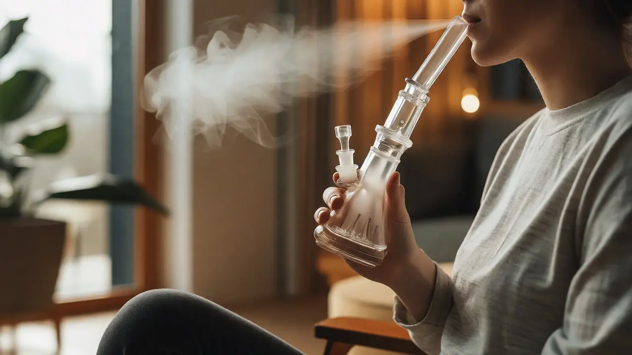 Osoba klidně inhalující jemnou páru z skleněného dab rig v moderním interiéru.