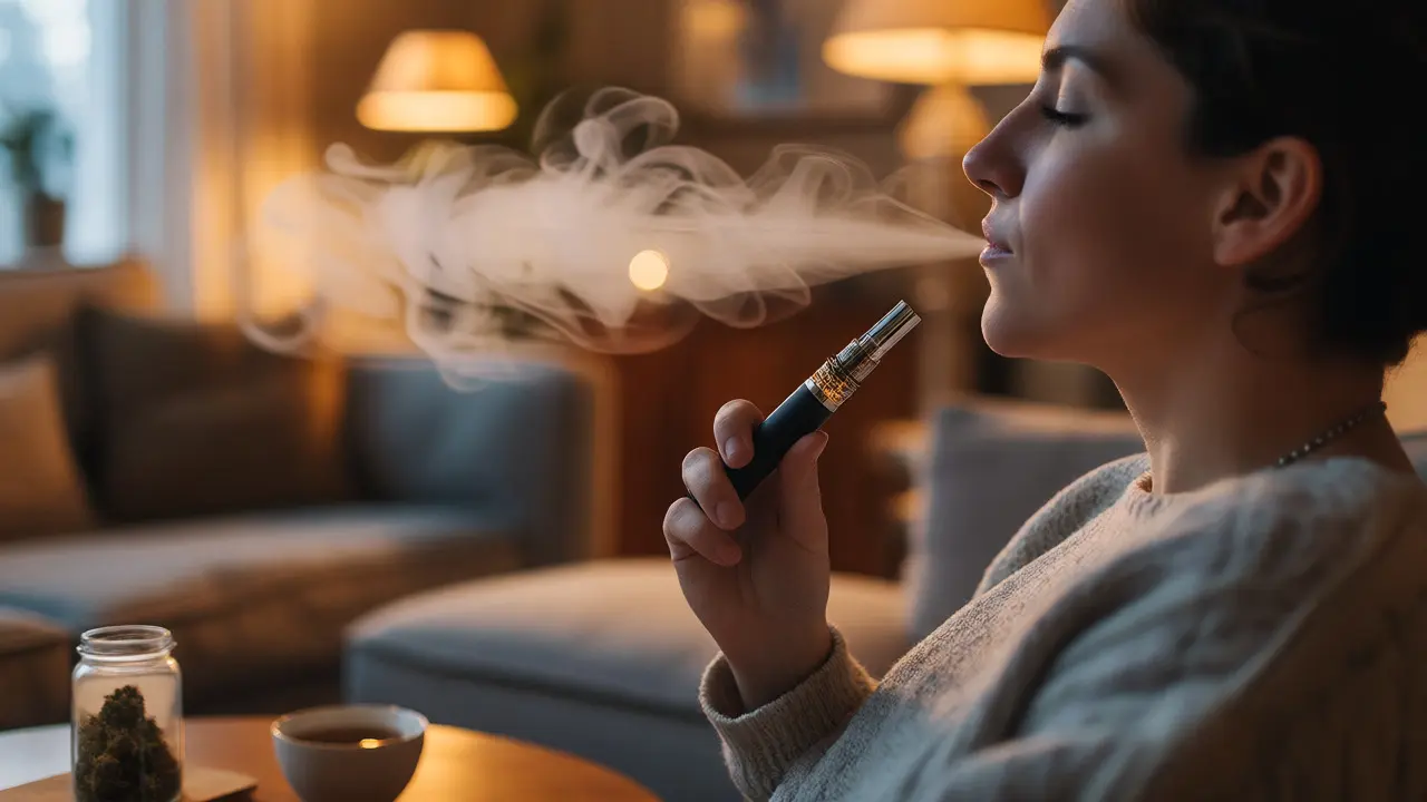 Osoba používající vaporizér s HHC v pohodlném obýváku