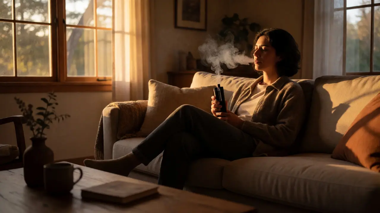 Osoba relaxující na gauči s vapem ve večerním světle