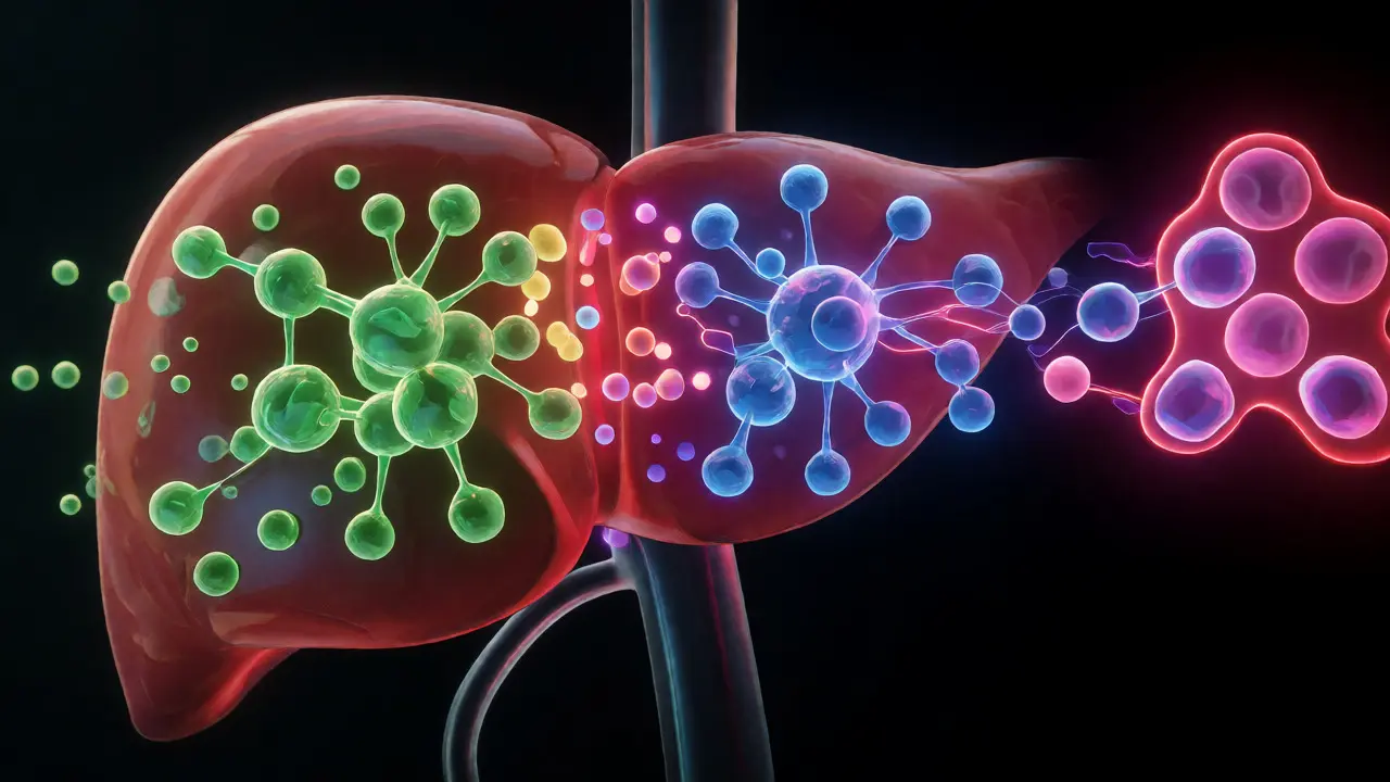 Scientific illustration of liver processing HHC and THC molecules into metabolites.