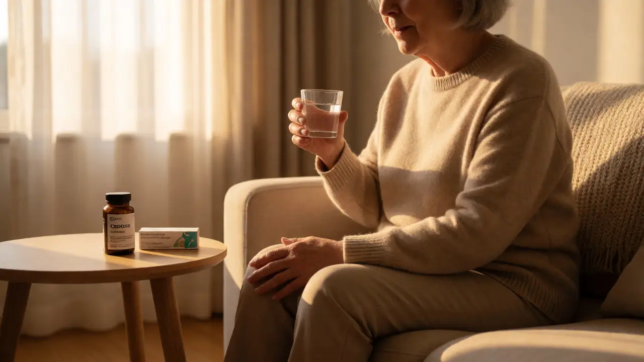 Senior v obýváku s léky na stole, naznačující opatrné užívání CBD a ibuprofenu