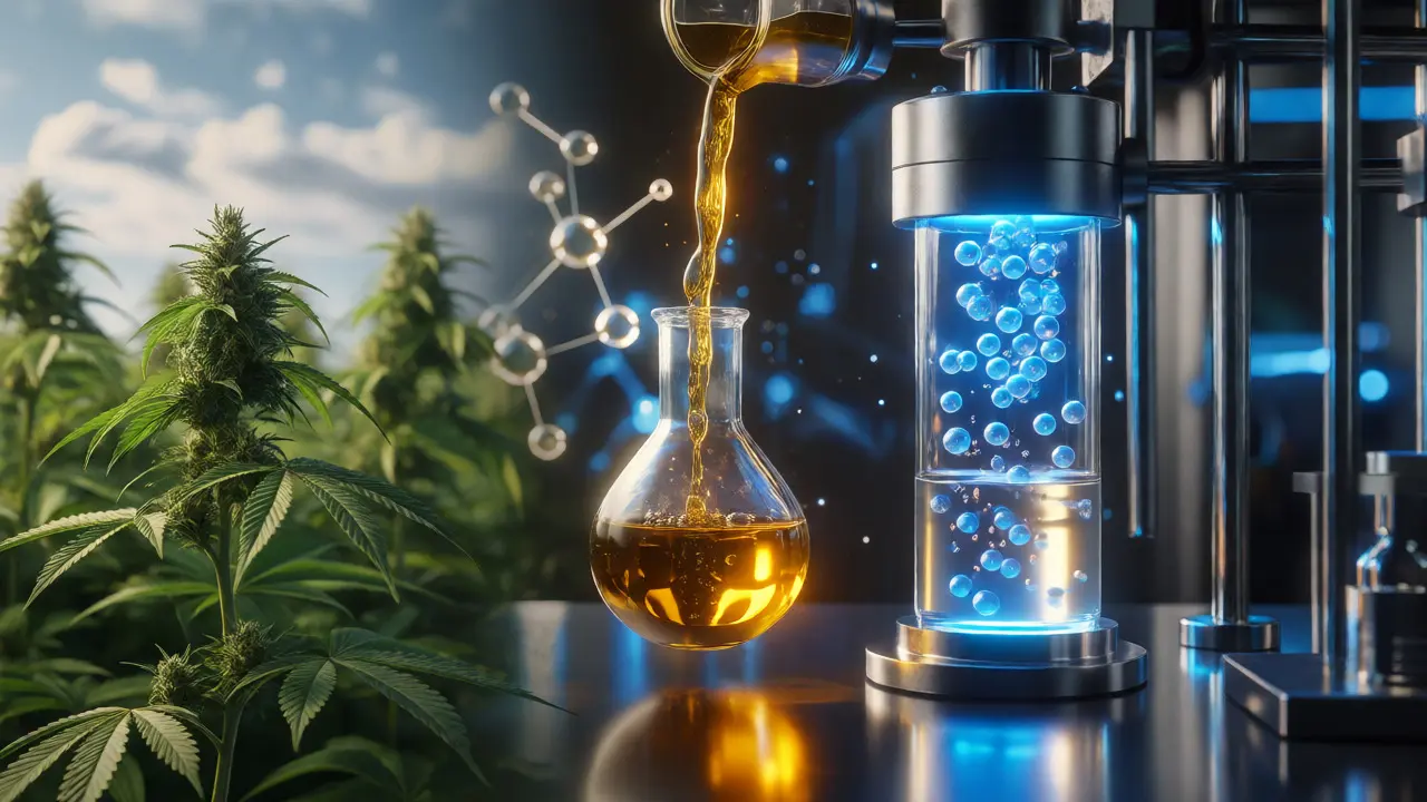 Vizualizace výroby HHC z extraktu konopí v laboratoři