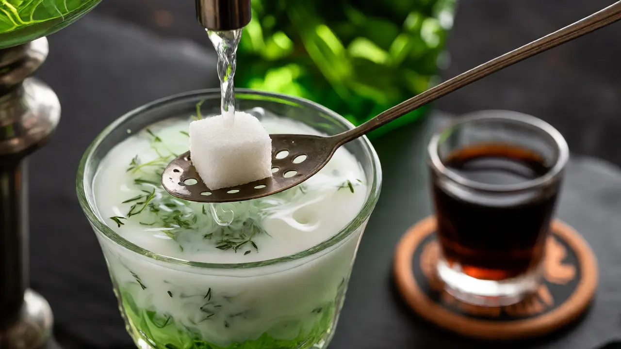 Absintový louche efekt s kapající vodou a cukrem