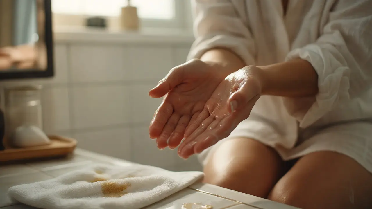 Člověk s mastnými rukama po nadměrném použití krému