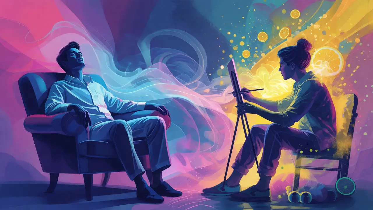 Konceptuální ilustrace účinků CBD: relaxace versus kreativita