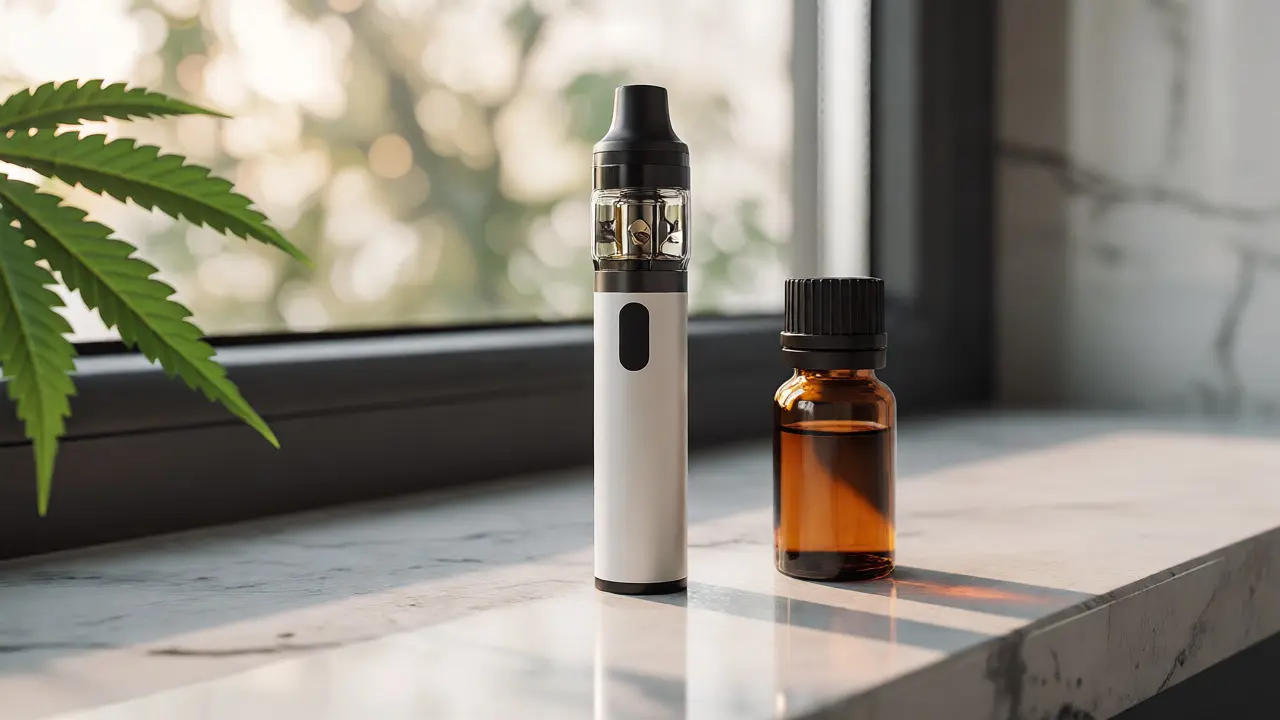 Moderní vape pero a lahvička s konopným olejem na minimalistickém povrchu ve dne