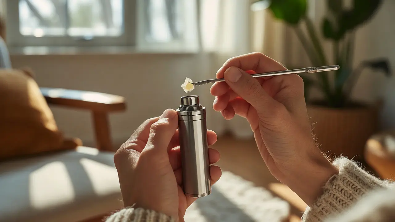 Ruce vkládají malé množství CBD waxu do komory vaporizéru
