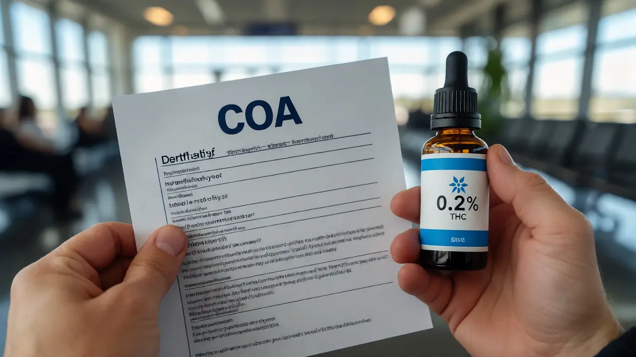 Ruka drží certifikát analýzy vedle lahvičky CBD oleje s jasným označením obsahu THC.