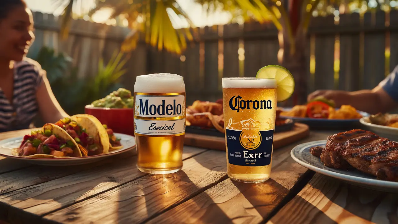 Stůl s mexickým jídlem a sklenicemi piv Modelo a Corona na slunci