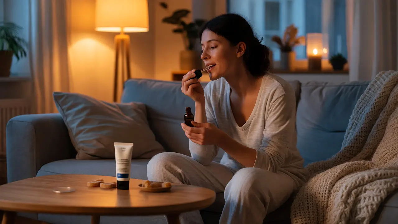 Žena užívá CBD olej večer doma pro zklidnění a lepší spánek